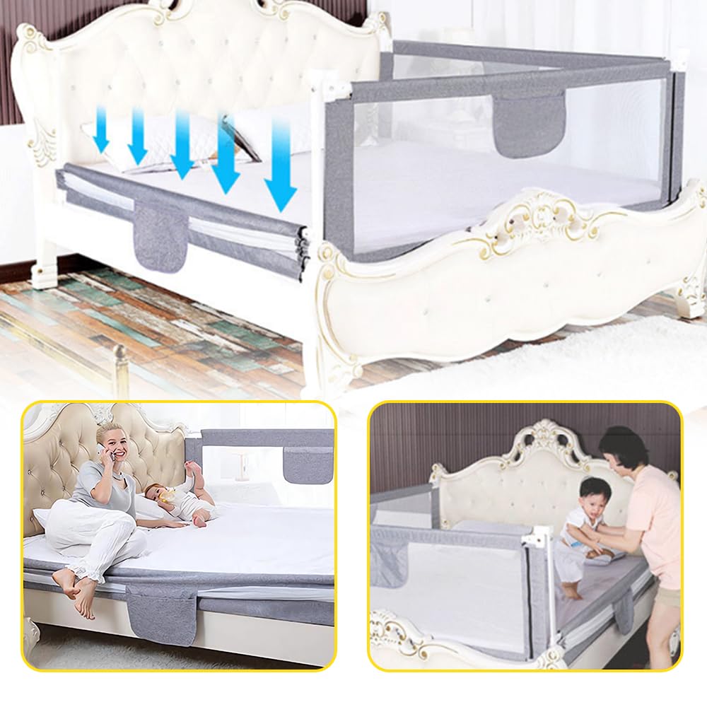 1st Bed Rail, Barriera del letto per bambini pieghevole, 18 Mesi-5 anni, Barriera di sicurezza per bambini, regolabile in altezza, facile da installare (A,200 cm, grigio)