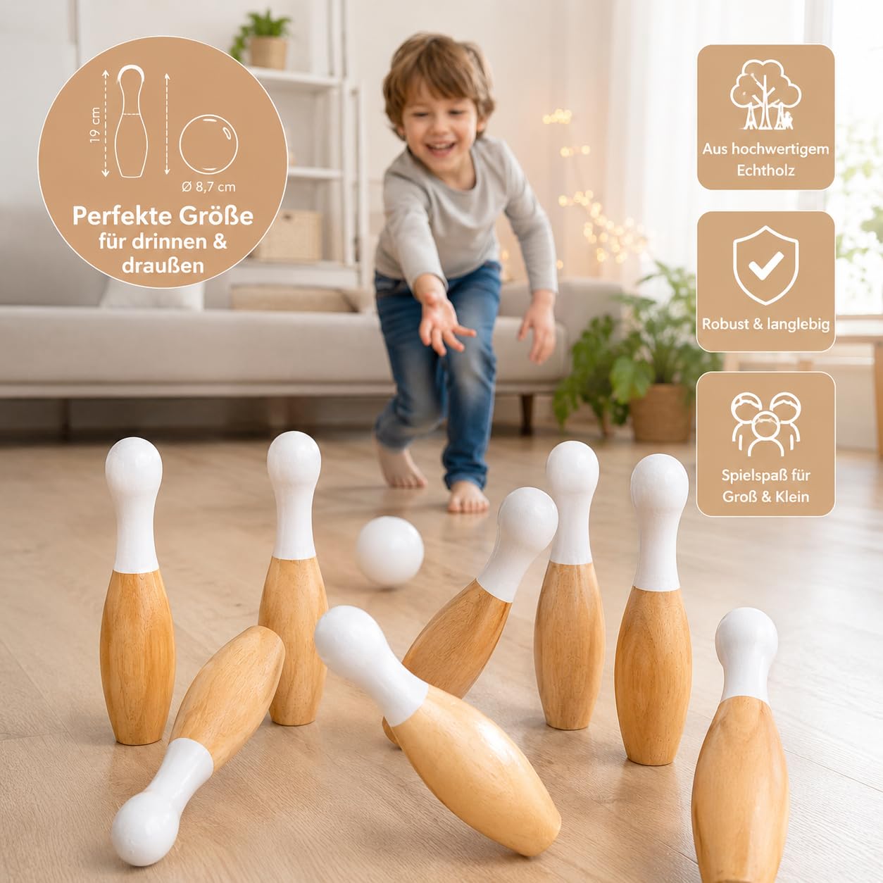OhneSorge Holz Bowling Set für Kinder & Erwachsene – 9 Kegel & 3 Bälle – Kegelspiel aus Kiefernholz inkl. Tragetasche – 19cm – Indoor & Outdoor Spiel für Garten, Park & Familie