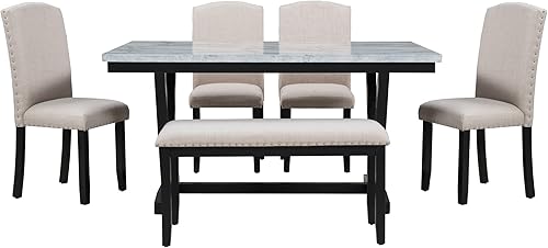 Miniatura 3 de LUMISOL Juego de mesa de comedor de mármol sintético con banco y sillas para 6 personas, juego de mesa de comedor de madera maciza, color blanco