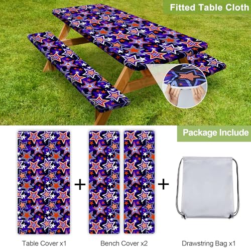 Image of Picnic Table Cover with Bench Covers 6FT 3 Pcs Waterproof Windproof Aesthetic Camping Tablecloth with Drawstring Bag, Fitted for 6 Foot Rectangle Tables and Seats, 72 inch, Red Blue Stars