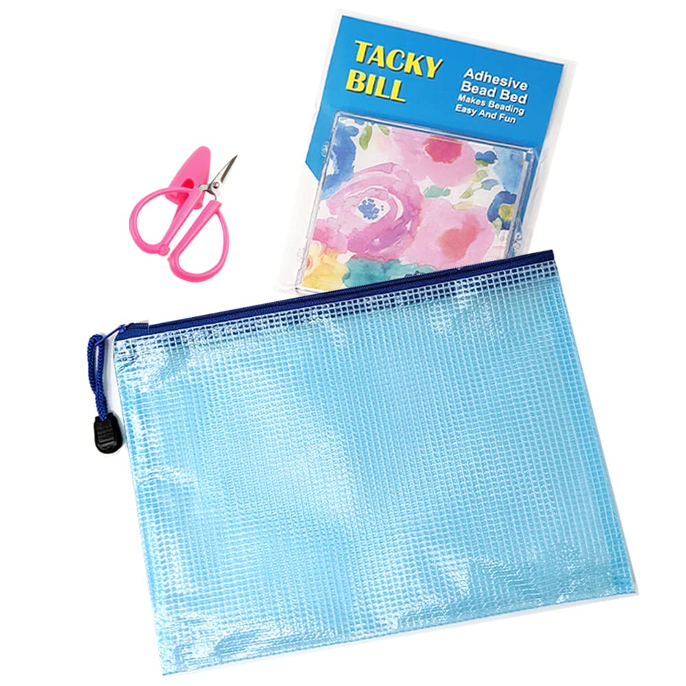 Sticky Beading Mat Accessory Set- Tacky Bill Bead Case With Mini Scissors, Mesh Zippered Bag & Decorative Heart-Shaped Needleworker Vinyl Sticker