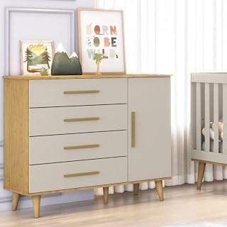 Cômoda Infantil Retrô 4 Gavetas com Fraldário Ludmila Off White com Bétula Carolina Baby