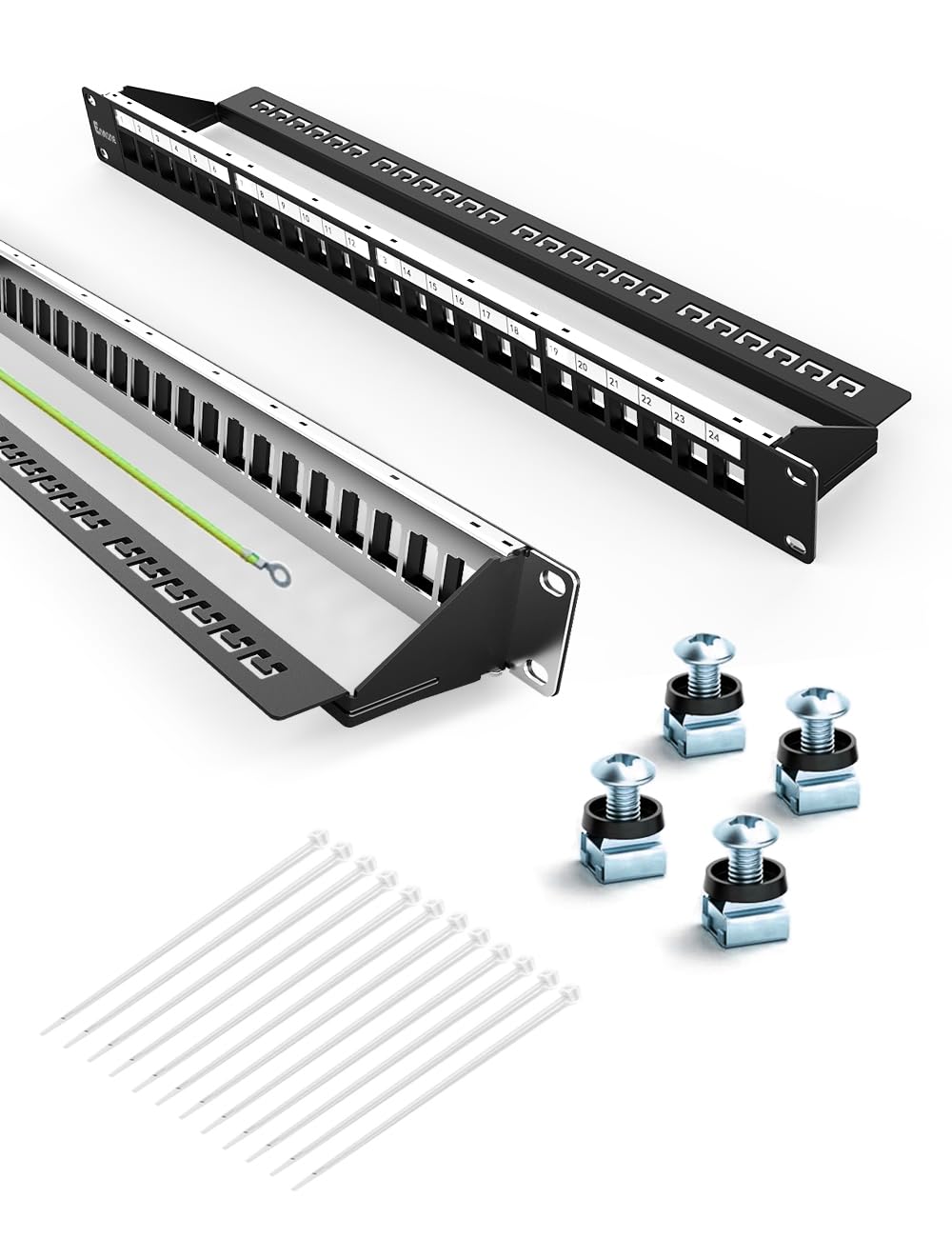 24Port Blank Keystone Patch Panel 1U 19" for Rackmount & Wall Mount STP&UTP with Cable Support Bar