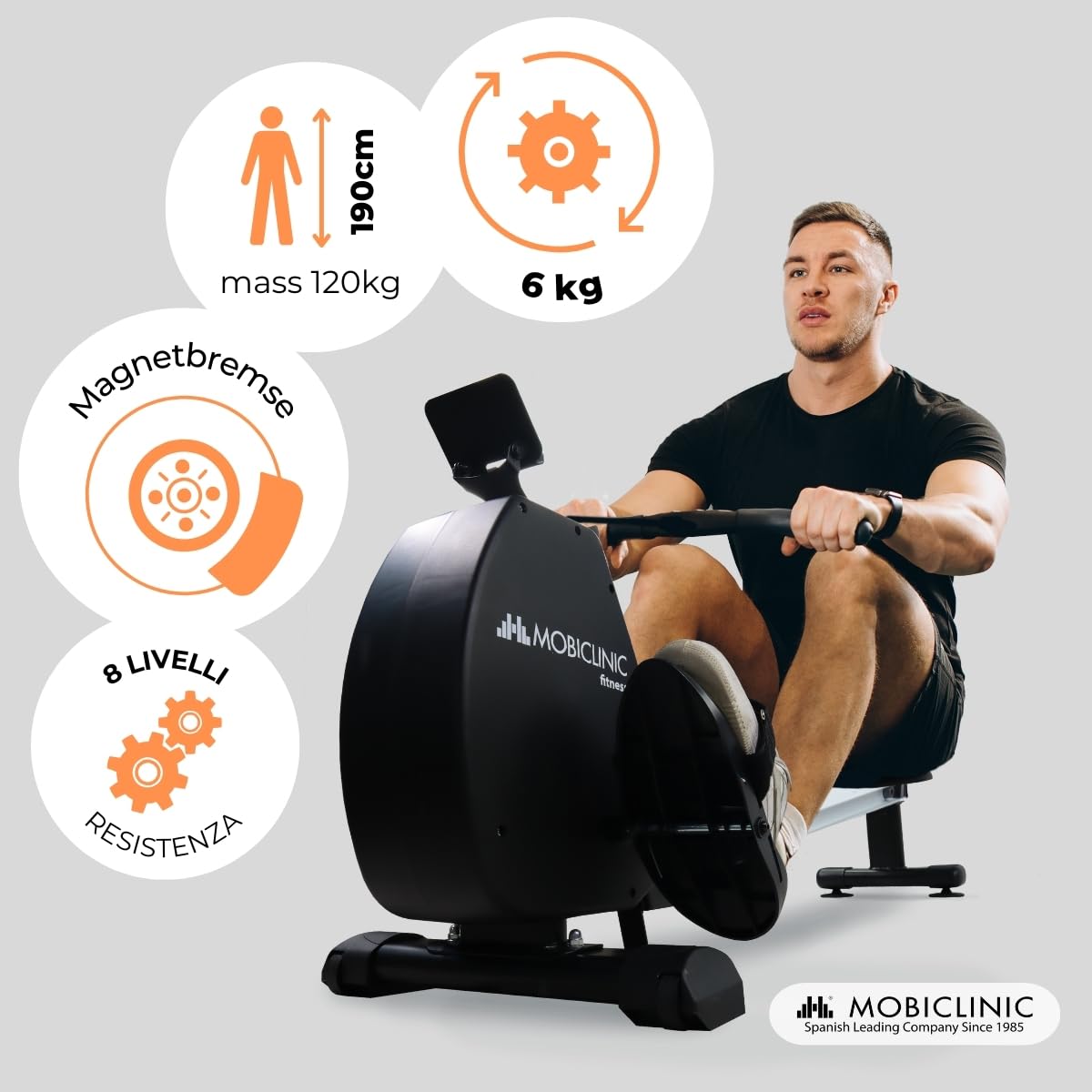 Mobiclinic® fitness, Vogatore, Rowfit, 8 livelli di resistenza, Silenzioso, Magnetica, Monitor lcd, Supporto per cellulare, Fino a 120 kg, Volano da 6, Palestra domestica