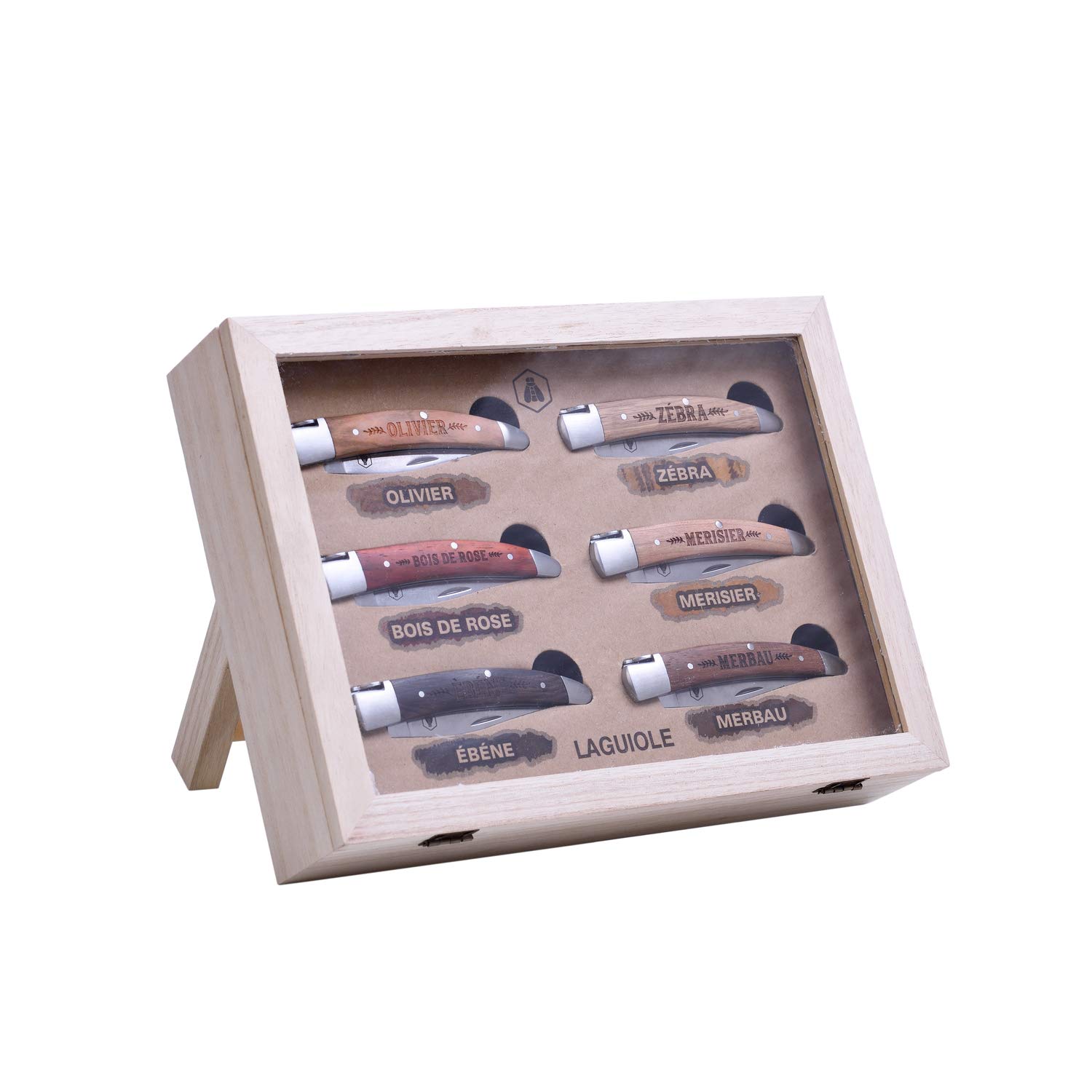 Laguiole Set Mit 6 Klappmessern – Verschiedene Holzgriffe & Rostfreie Klingen, Inkl. Display (ca. 19,5 Cm)