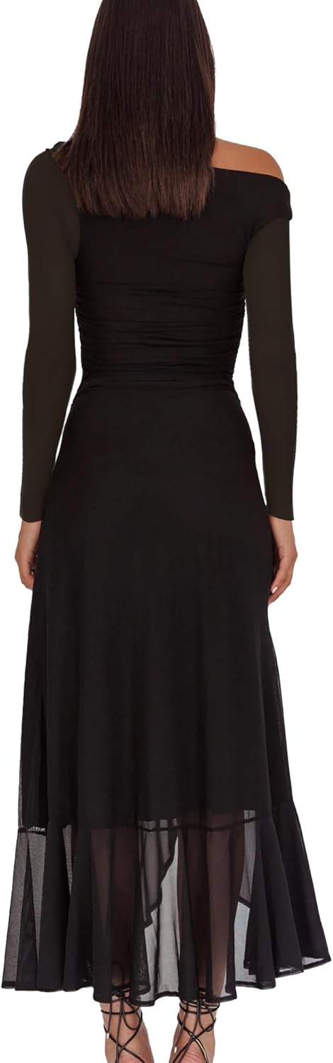 HOCILLE Women's Sexy Bodycon One Shoulder Maxi Dresses for Women Sheer Mesh Long Sleeve Slit Cocktail Party Dress - Image 2