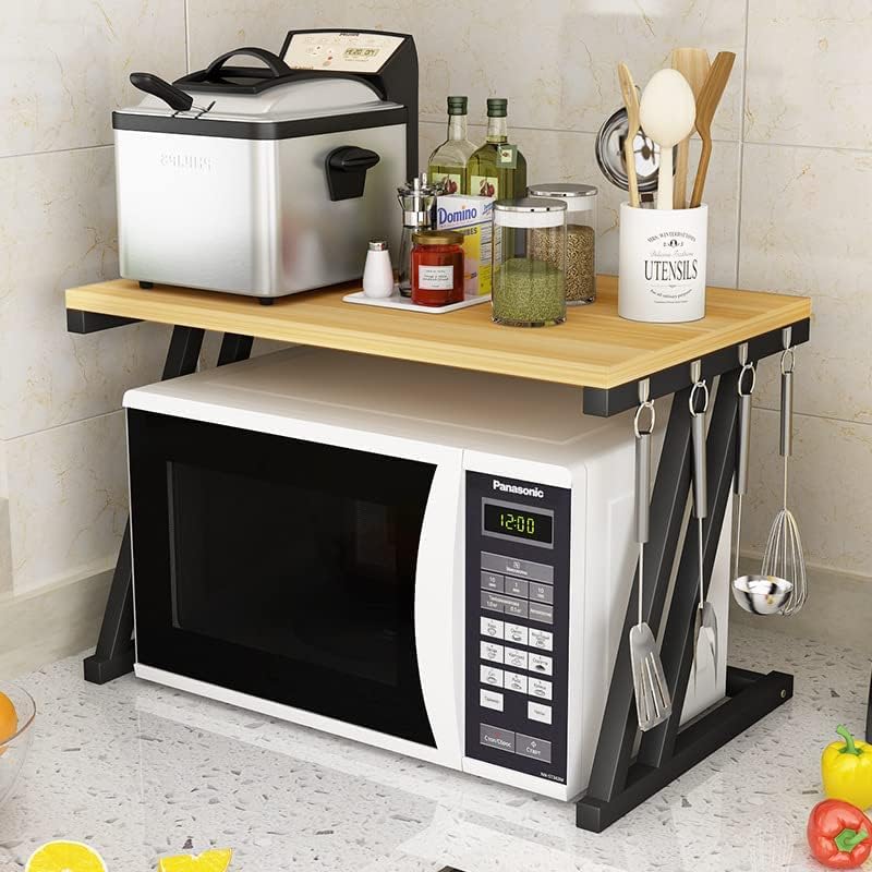Image of REMANENCE 2-Layer Microwave Stand, Kitchen Platform Oven Stand Rack, Toaster Organizer with Storage Shelf Metal and Wood | Stand for Microwave (Walnut Brown with Black Frame)