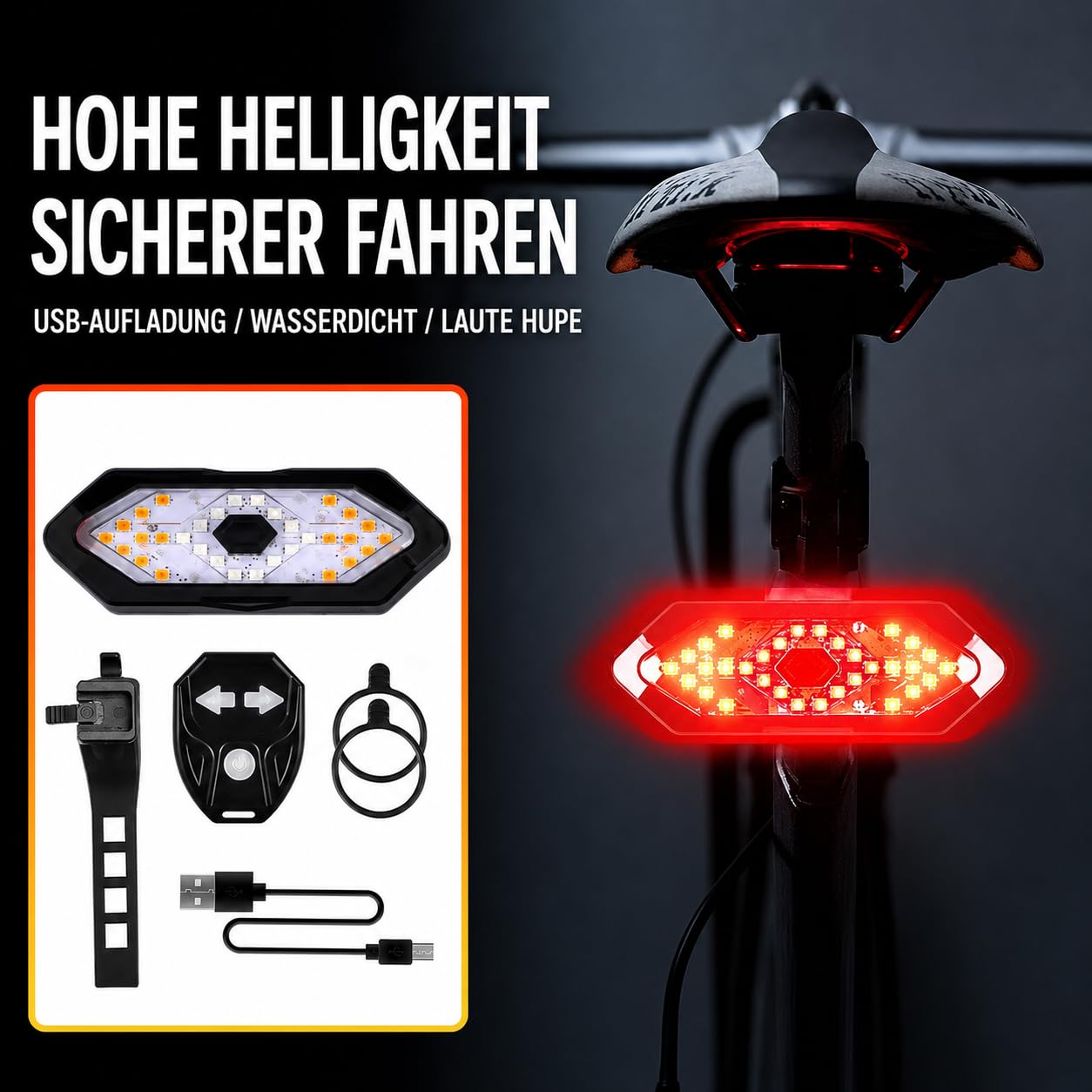 Blinker E Scooter,Fahrrad Rücklicht, Fahrrad Blinker,LED Fahrrad Hecklicht USB Wiederaufladbar mit Funkfernbedienung, Blinker für Fahrrad mit 120 dB Hupe, Wasserdicht, 5 Lichtmodi