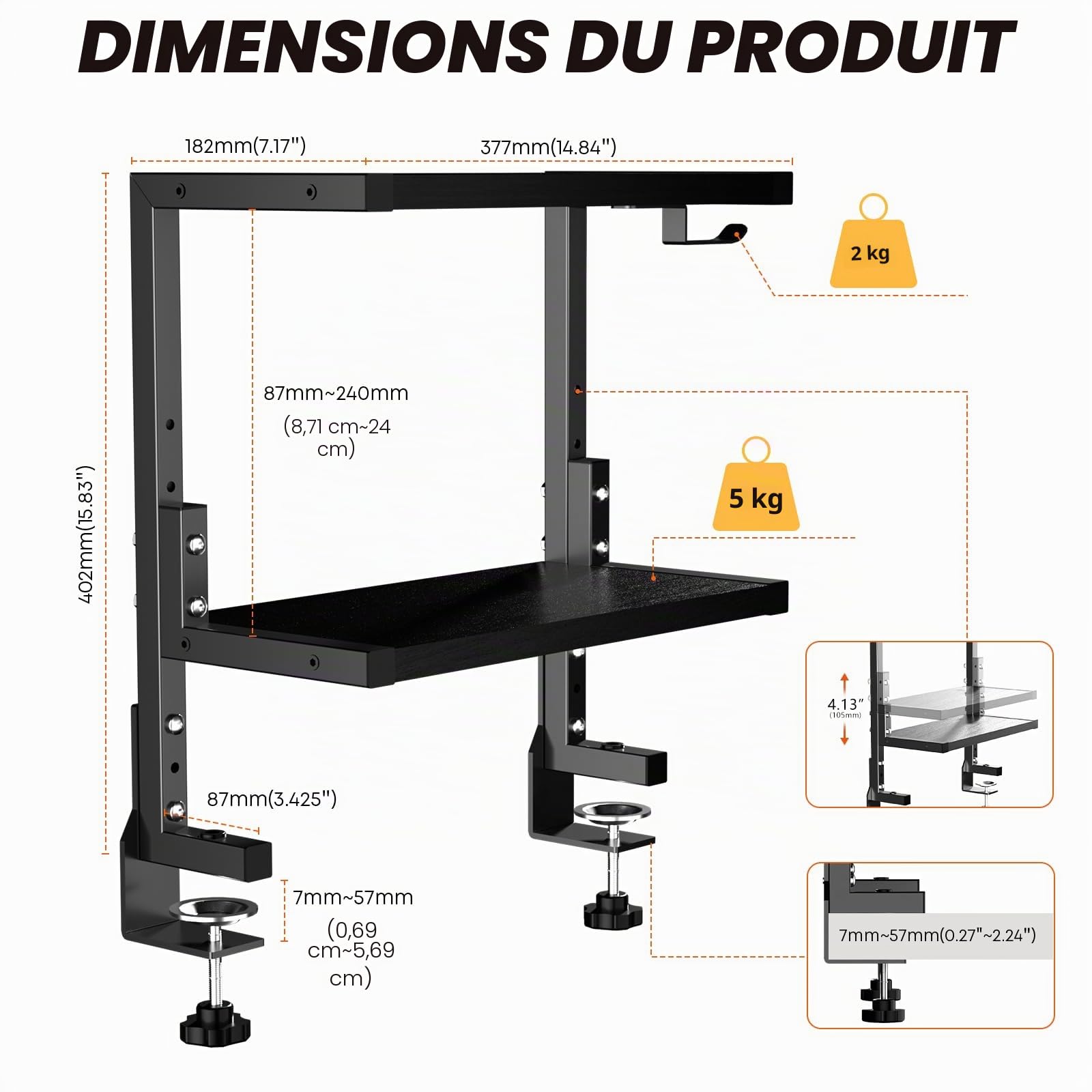 PUTORSEN Organisateur de Bureau à Pince de 15 Pouces, Étagère de Table à 2 Niveaux Au-Dessus ou en Dessous avec Espace Personnalisé pour Les Accessoires de Bureau, etc, Etagere Cuisine, Noir