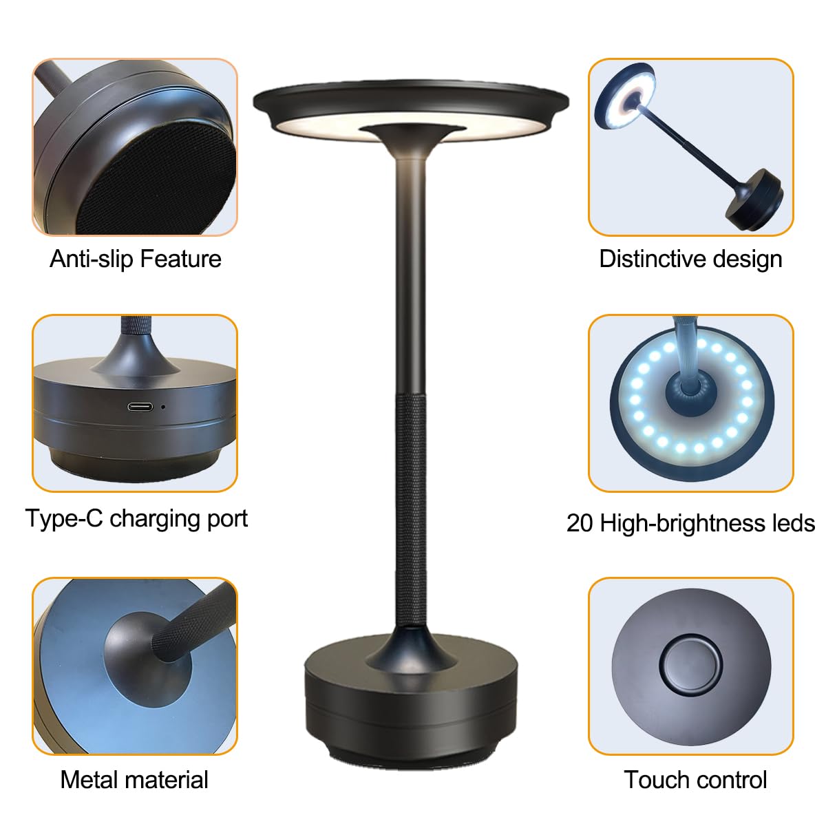 Ecolume Kabellose Tischlampe, LED, tragbar, batteriebetrieben, dimmbar, stufenlos, 3-farbige LED mit Memory-Funktion, tragbar für Heimbüro/Abendessen/Restaurant/Wohnzimmer (Schwarz & 2er-Pack)
