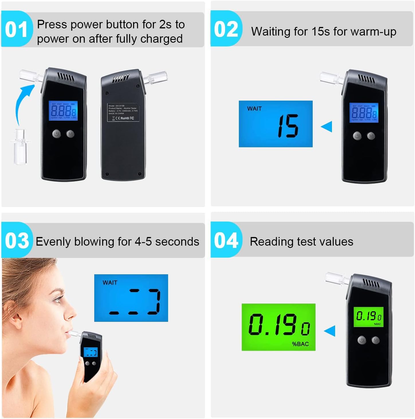Breathalyzer, Professional-Grade Accuracy Alcohol Tester with USB Rechargeable, Portable Breathalyzer with LCD Digital Display and 10 Mouthpieces - Image 5