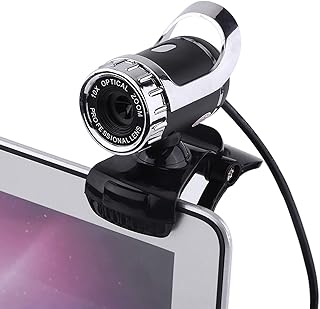 Ejoyous Fish Eye Webcam, USB 2.0 0.3M Pixels Clipon Webcam Web Camera HD 360° Rotating Stand Builtin Microphone Webcam for PC (Silver)