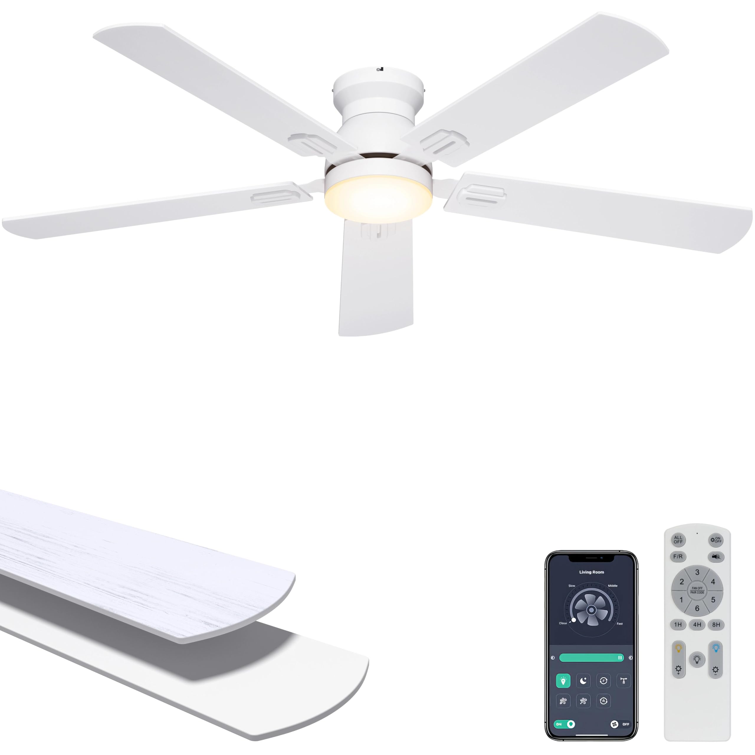 Ohniyou 52' Low Profile Ceiling Fan with Lights, Remote/APP Control, White