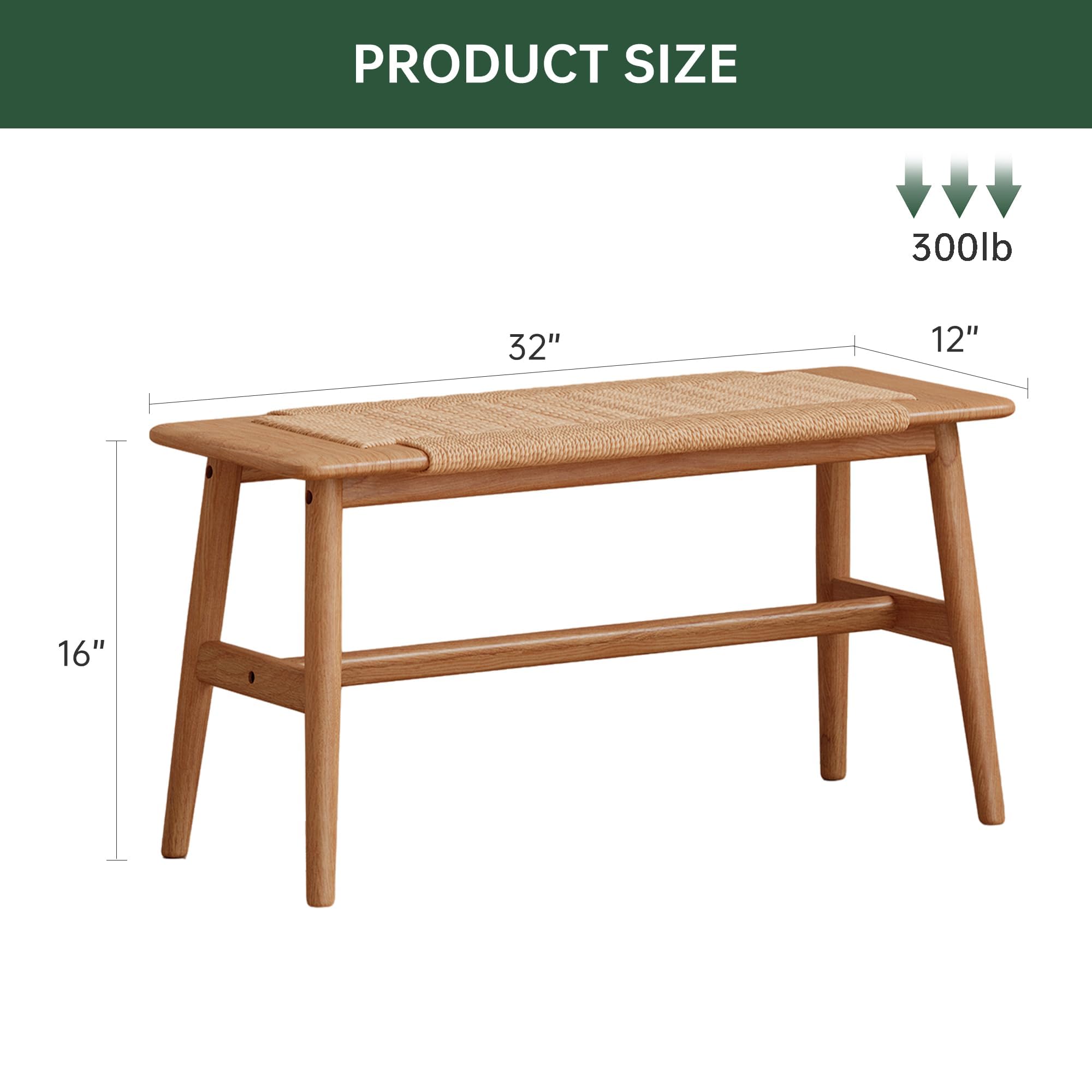 100% Solid Oak Wood Bench,Hand Woven Design,Solid Mortise and Tenon Construction-Solid Structure of Chair Legs,Woven Rattan Entryway Benchs/Dining Bench (Natural Oak,31.49”*11.81”*15.98”)