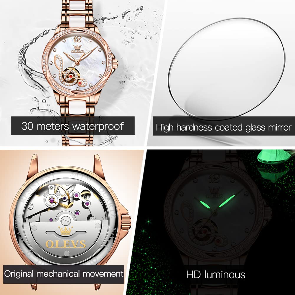OLEVS Relojes automáticos para mujer, oro rosa, vestido de diamantes de moda, reloj de pulsera mecánico de dos tonos, correa de cerámica impermeable luminosa, juego de regalo, esfera blanca