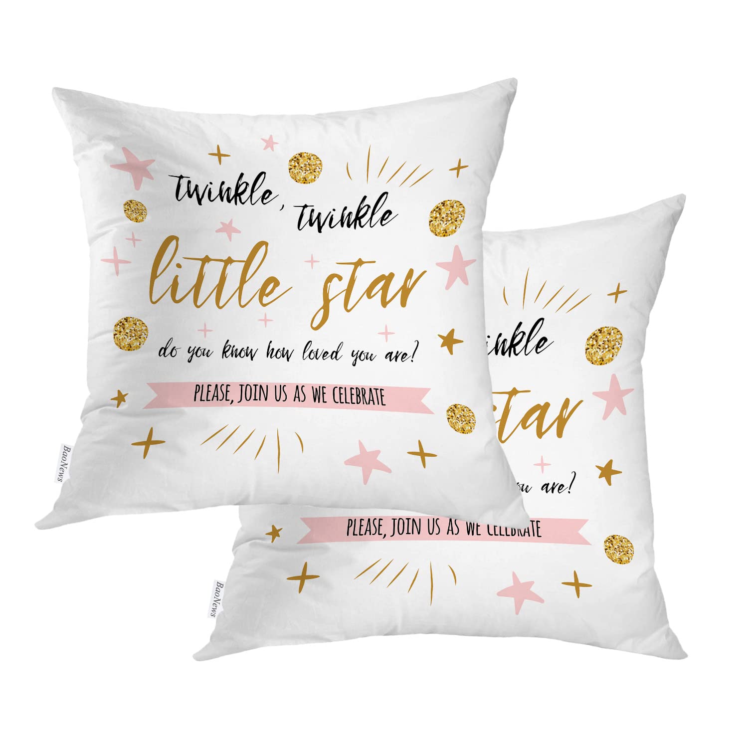 BaoNews Gift for Kids Throw Pillow Covers,Gold Pink Twinkle Twinkle Little Star Cushion Cover Digital Blended Hidden Zipperl Decorative Pillowcases for Hair Skin Square 18X18 in 2 Pcs