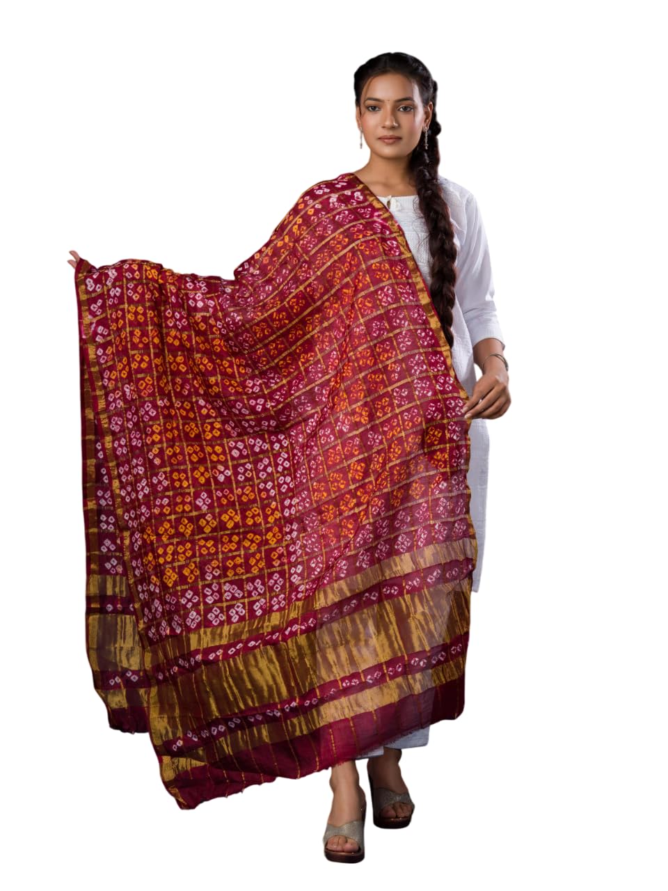 Handcrafted Red Bandhani Silk Dupatta with Golden Zari Border – Traditional Indian Ethnic Wear-image-5