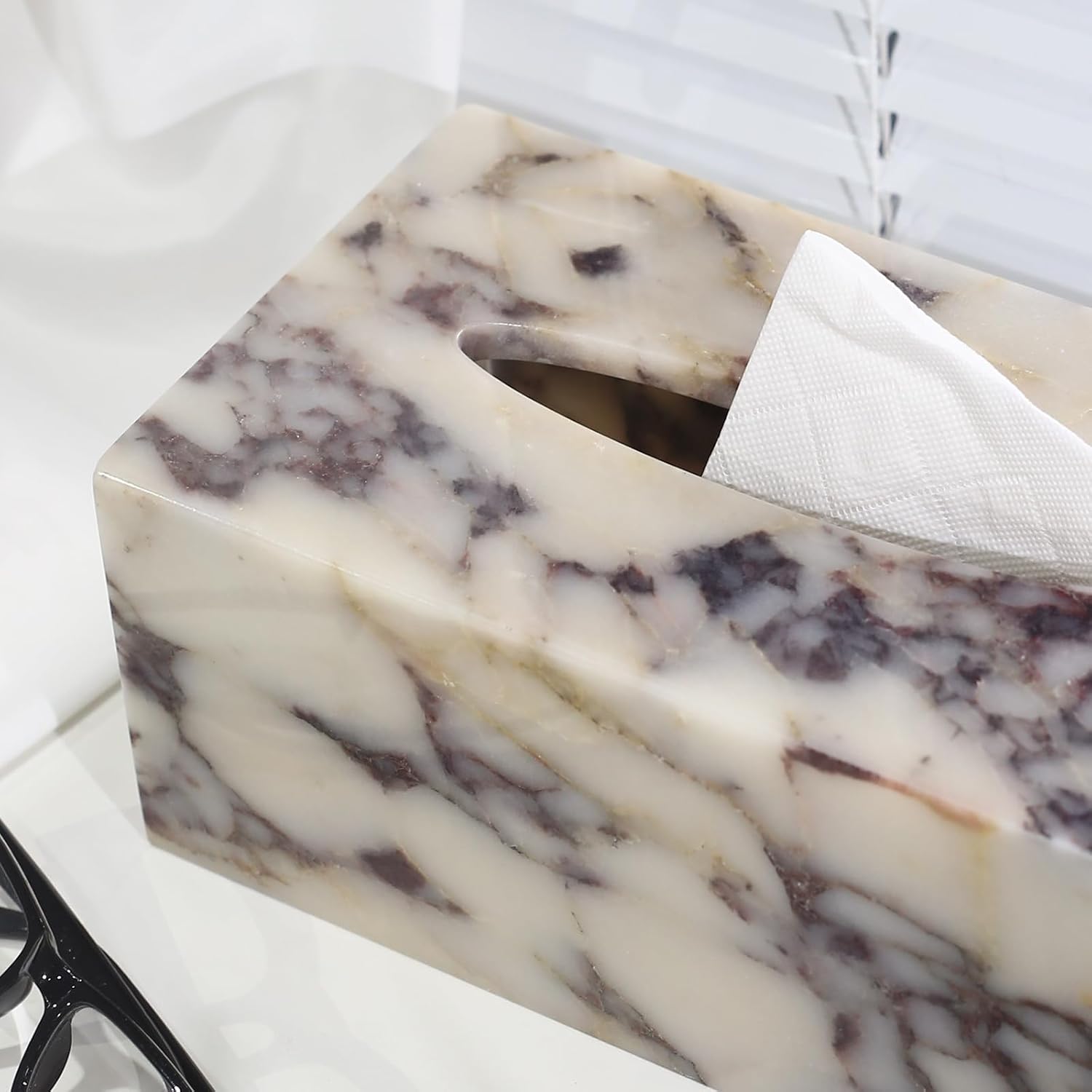 Noble and Light Luxury Natural Travertine Marble Household Tissue Box for Bathroom | Office | Desk | countertop | Vanity | Bedroom | Bedside Table |Calacatta Viola