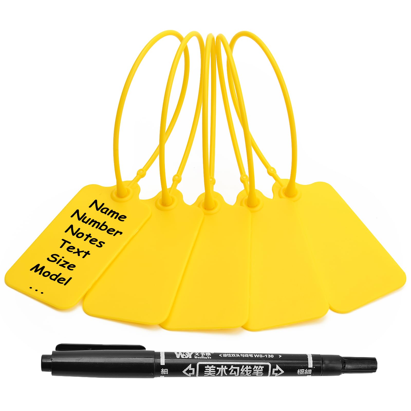 50 Yellow Blank Plastic Tags for Labeling Waterproof Hanging Labels Writable Tags Seal Plastic Marking Label for Luggage Bags Keys Inventory with One Marker Pen