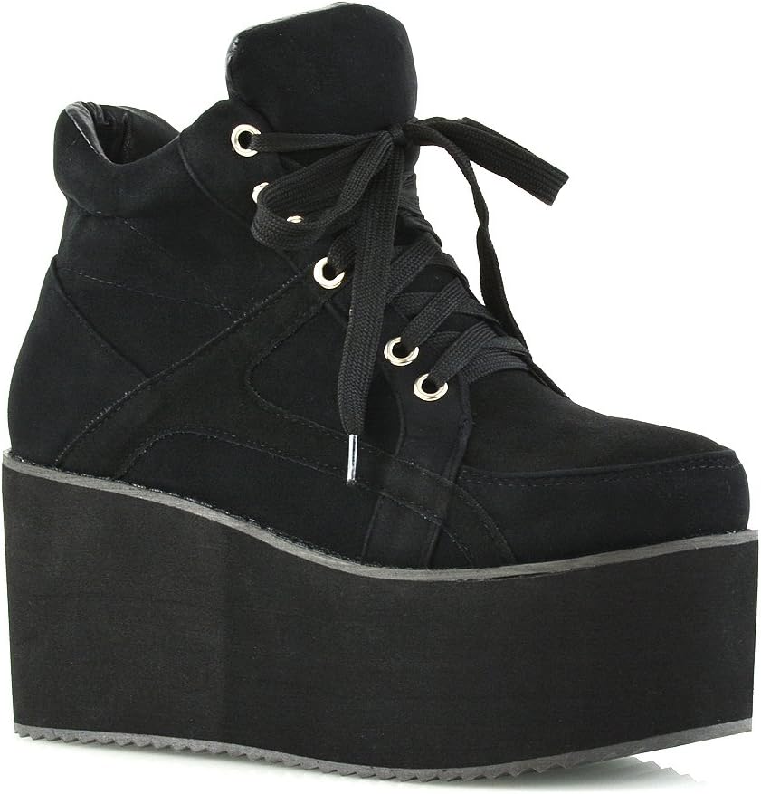 ESSEX GLAM Womens Synthetic Sporty Platform Lace Up Ankle Boots (6 B(M) US, BLACK FAUX SUEDE)
