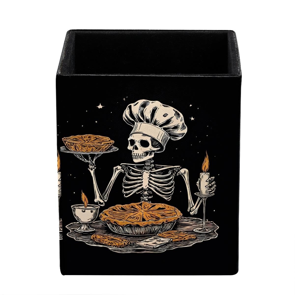 HEOEH Gothic Skeleton Pen Holder Pen Pot, Square Pencil Cup for Desk