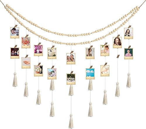 Amyhill Exhibición de fotos colgante de macramé bohemio para colgar en la pared con 24 clips de madera, marco de collage de macramé con cuentas de