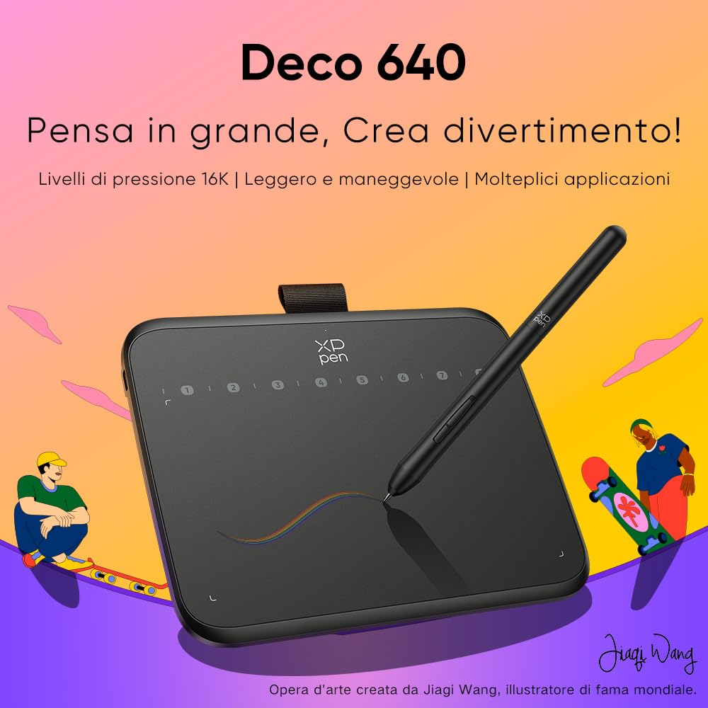 XPPen Deco 640 Tavoletta grafica, 16384 livelli di pressione, supporto inclinazione a 60°, 8 tasti, adatto per OSU, editing video, firma