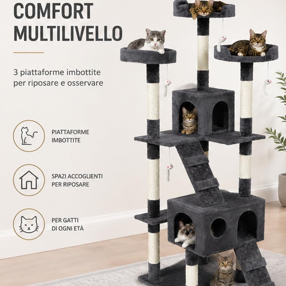 BAKAJI Tiragraffi per Gatti Albero Sisal Parco Giochi Cuccia Gatto Tira Graffi Unghie Alto 170 cm (Grigio)