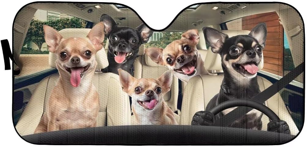 Chihuahua Family Front Window Car Sun Shade Windshield Cover, Funny Chihuahua Driver Foldable Sunshade for Car Truck SUV Pet Animal Auto Visor Shield Cover, Keep Your Vehicle Cool image 3