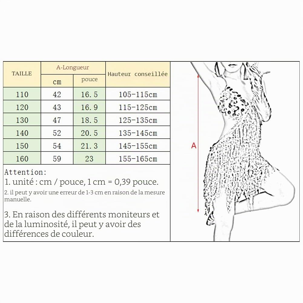 Filles Paillettes en Boucle Pampilles Robe de Danse Latine Enfants Salsa Samba Rumba Tango Jazz Carnaval Spectacle Costume de Compétition (Tailles Plus Petites)
