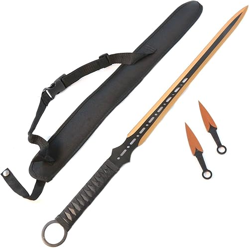Wartech K1020-64-GD 440 Espada de machete de caza ninja de acero inoxidable 440 con cuchillos de lanzamiento (27 pulgadas), oro