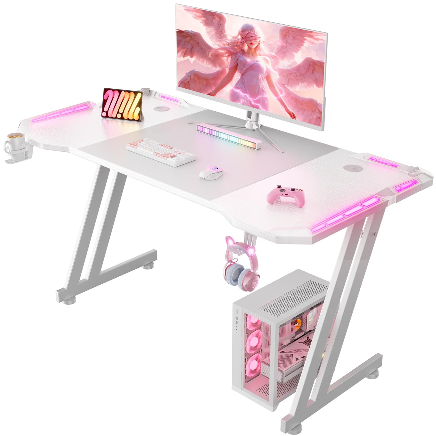 ①XCGAME ゲーミングデスク PCデスク RGBライト パソコンデスク 机 ピンク テーブル ヘッドホンフック&ドリンクホルダー付き ①XCGAME ゲーミングデスク PCデスク RGBライト パソコンデスク 机