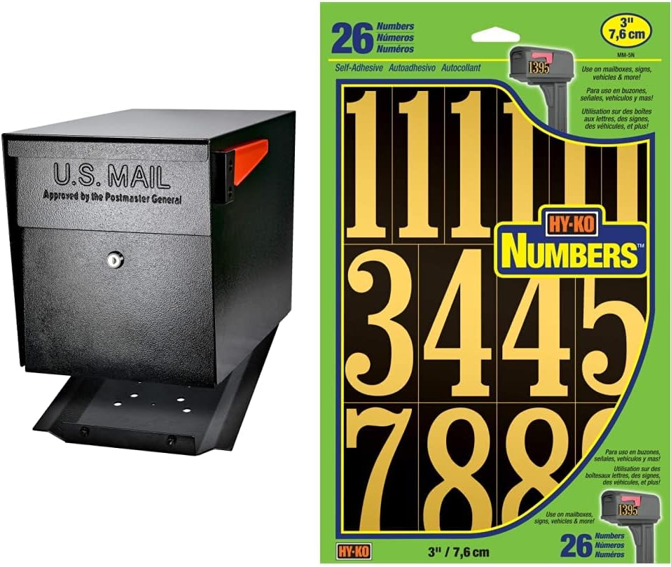 Mail Boss 7106 Curbside Steel Post Mount Security Locking Mailbox, Black, Extra Large & Hy-Ko Products MM-5N Self Adhesive Vinyl Numbers 3" High, Black & Gold, 26 Pieces