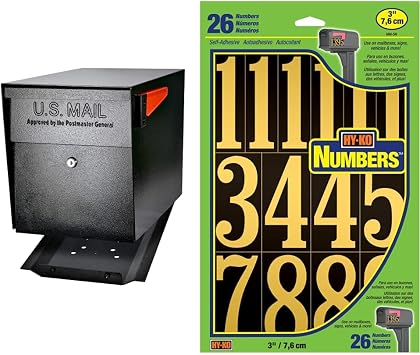 Mail Boss 7106 Curbside Steel Post Mount Security Locking Mailbox, Black, Extra Large & Hy-Ko Products MM-5N Self Adhesive Vinyl Numbers 3 High, Black & Gold, 26 Pieces