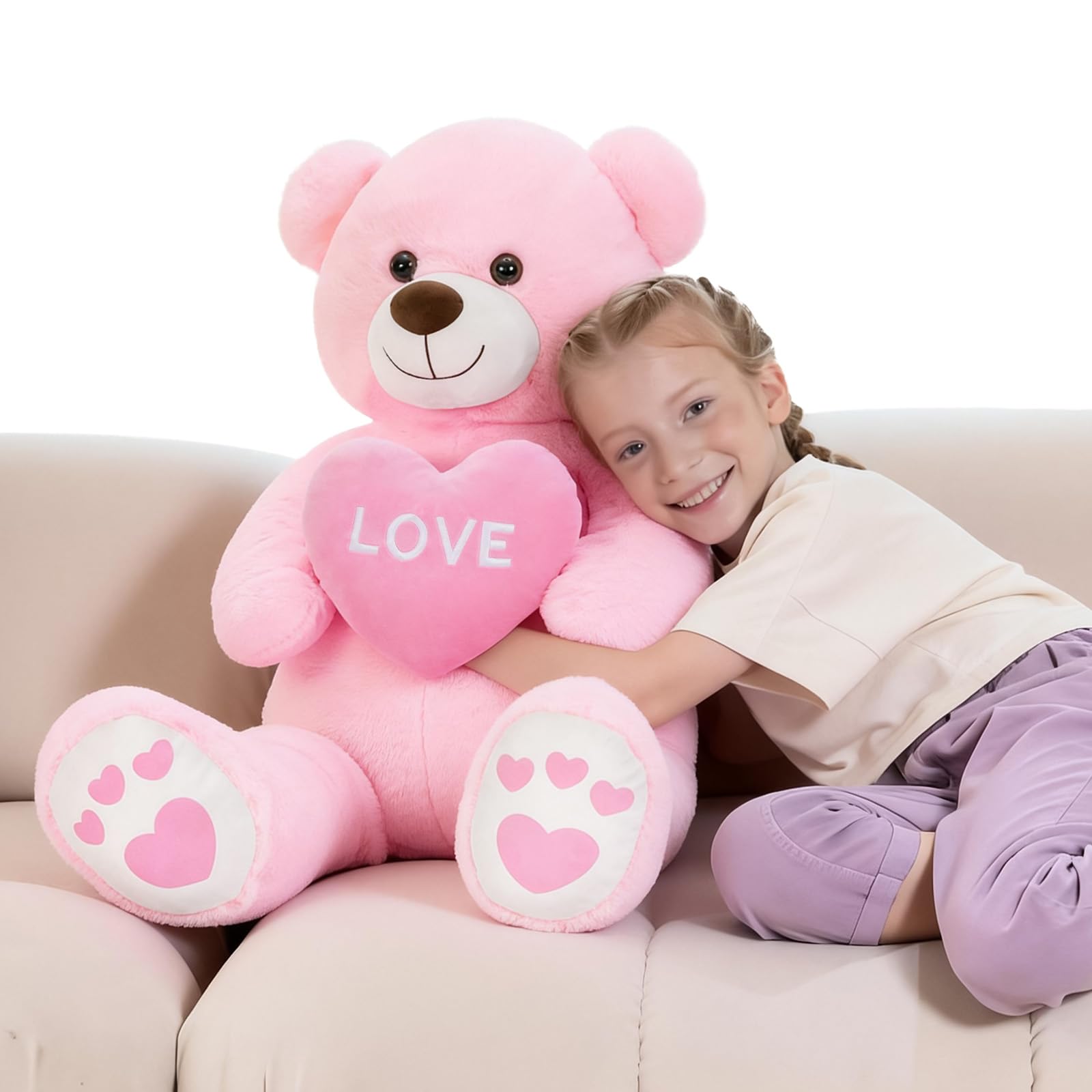 MorisMos 90cm Giant Teddy Bear, Pink Love Teddy Bear for Girlfriend, Large Teddies Soft Toy with Heart, Big Cute Fluffy Bear Gift for Kids Wife Birthday Mothers Day Decor