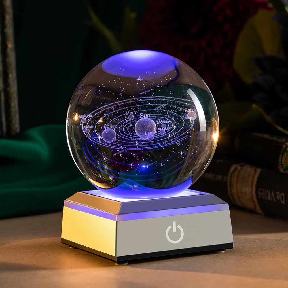 ERWEI3D Solar System Statue Home Decor 80mm Crystal Ball with LED Base Planets Model Science Gifts for Astronomy Lovers Home Decoration