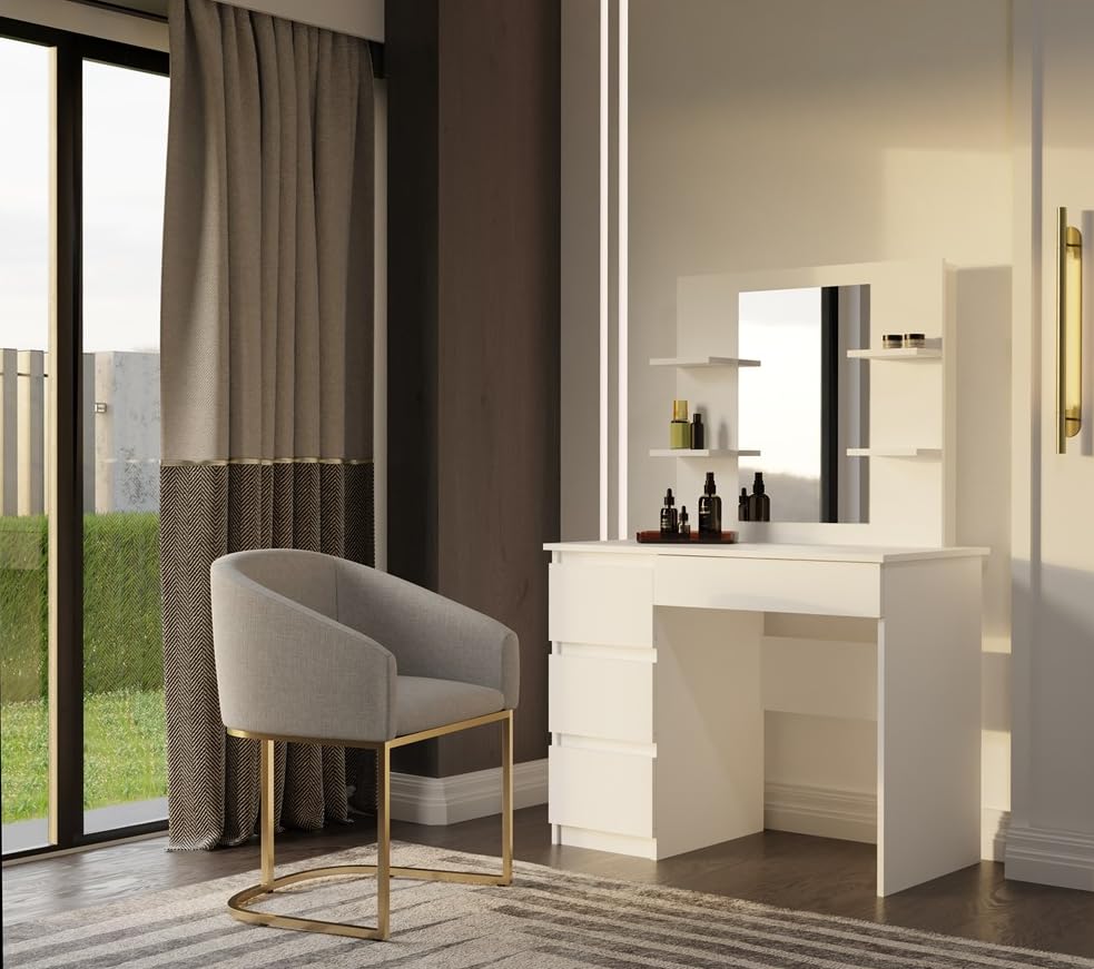 BDW - Schminktisch mit Spiegel Weiß - Make Up Tisch mit Schubladen - Minimalistisches Design, mit Regalen, für Schlafzimmer oder Ankleidezimmer - 146 x 98 x 51 cm - Links