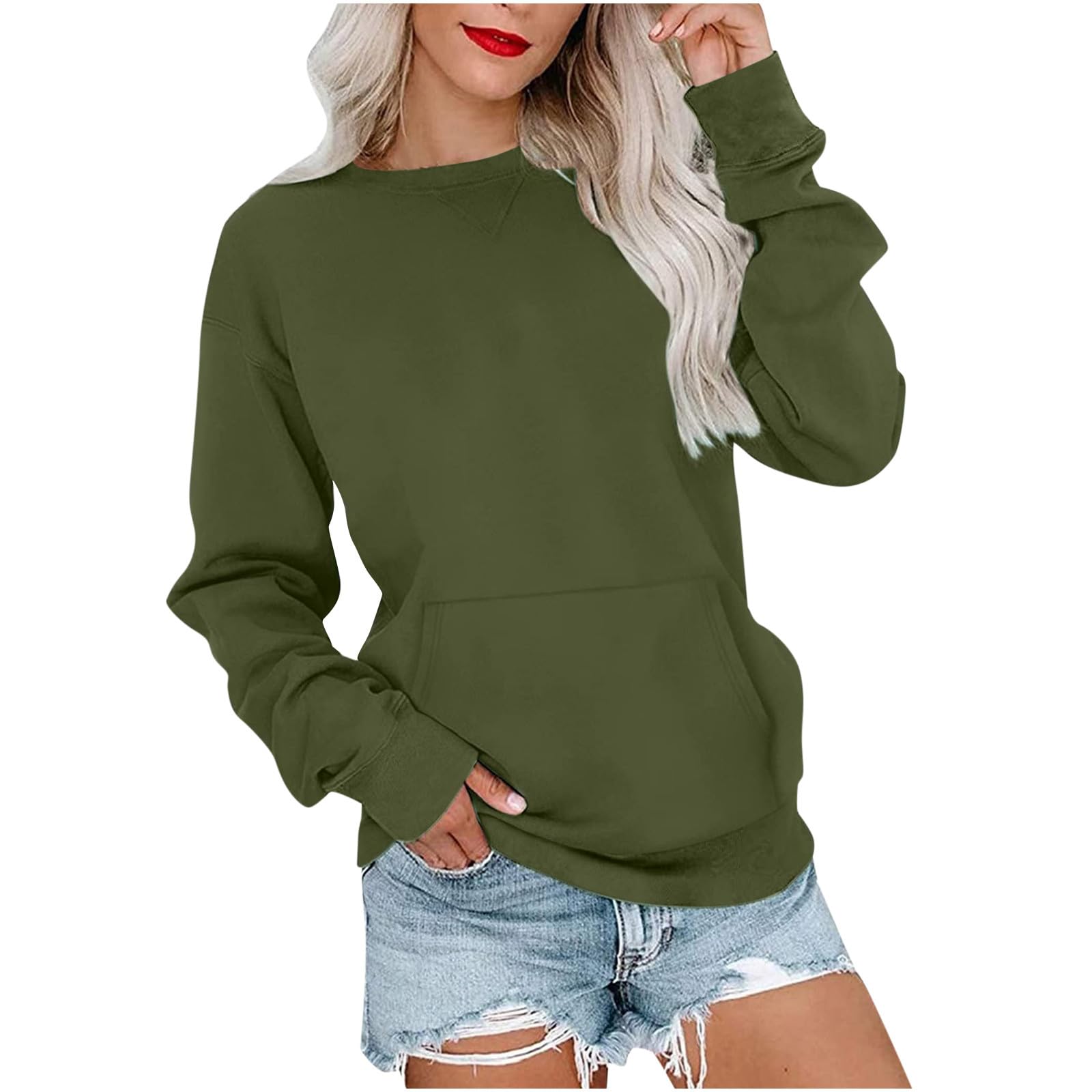 StessotudoWomen’s Long Sleeve Sweatshirts Trendy Solid Crewneck Casual Shirts Loose Fit Plus Size Pullover Fall Tops Blouse