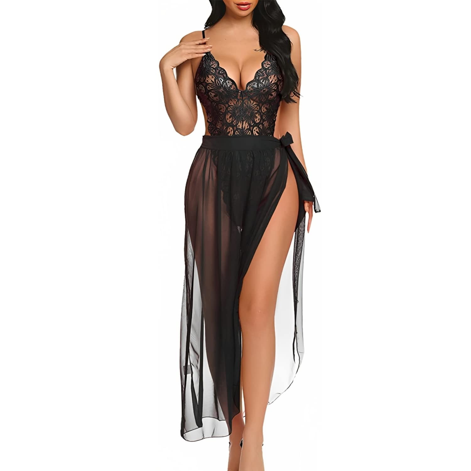 Sheer Lace Bodysuit with Mesh Maxi Skirt, Halter Neck, Black-image-29