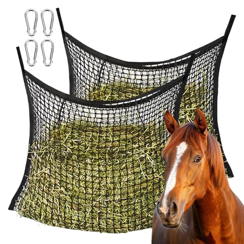 Red de heno para caballos, 90 x 60 cm, 2 piezas de red de heno para caballos, malla de heno, malla de 3 x 3 cm, bolsa de malla para heno con 4 mosquetones, bolsa de heno negra, capacidad de 8 kg