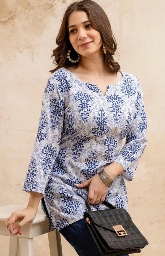 Image of Women's Short Kurti in Multicolor Rayon Cotton Blend | Ladies Ethnic Tunic | Office