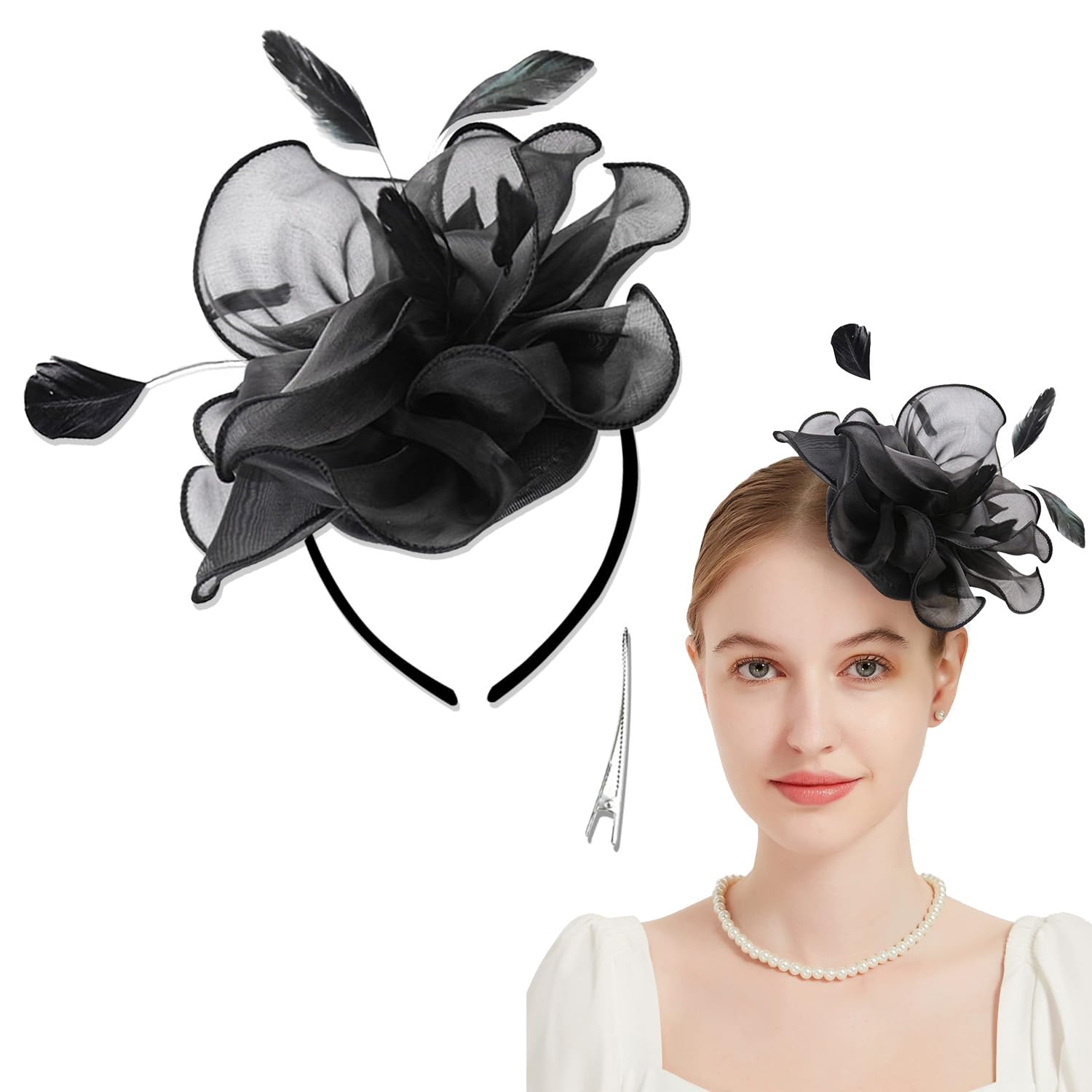 Elegant Feather Fascinator Tea Party Hat for Women & Girls - for Weddings, Derby Events & Cocktail Parties with Flower Clip