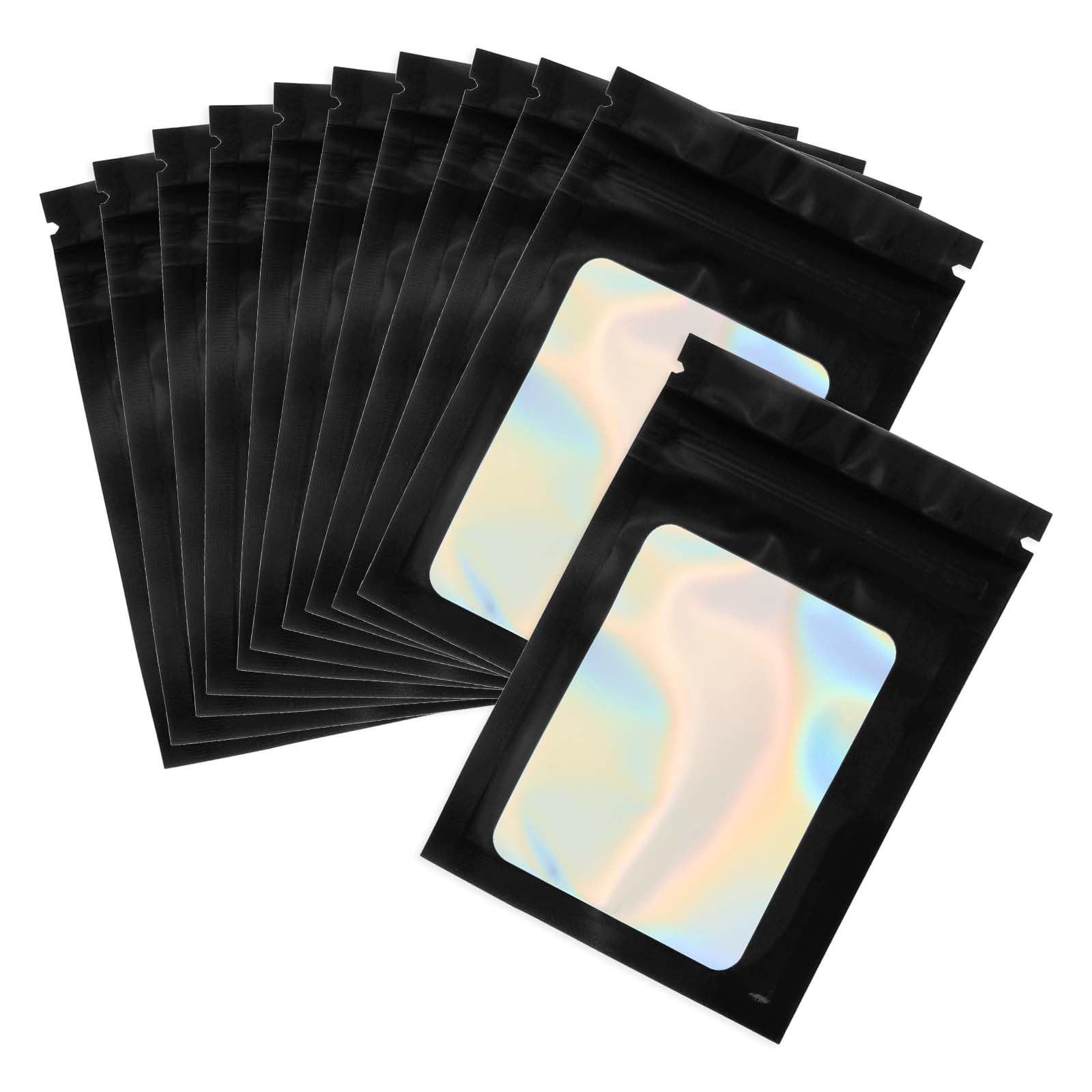 PATIKIL 3 x 4 Inch Holographic Packaging Bags, 100 Pcs Clear Window Resealable Food Storage Smell Proof Foil Pouch Bag for Small Business Party Favor Candy Jewelry, Black