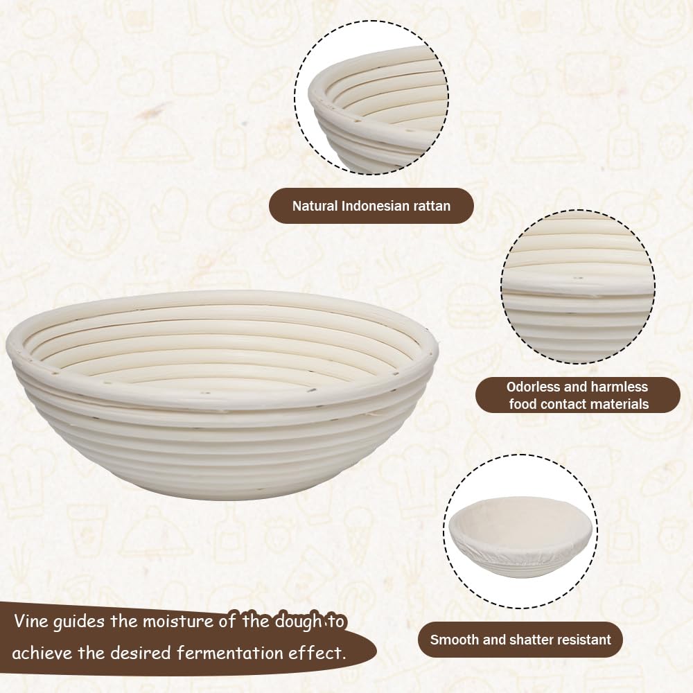 2 Pièces Banneton à Pain Rond de 25cm Banneton pour Pain de Fermentation Paniers à Pains avec Doublure en Lin du Rotin Indonésien Naturel Corbeille Pains (Contenir 700–1000g du Pâte)