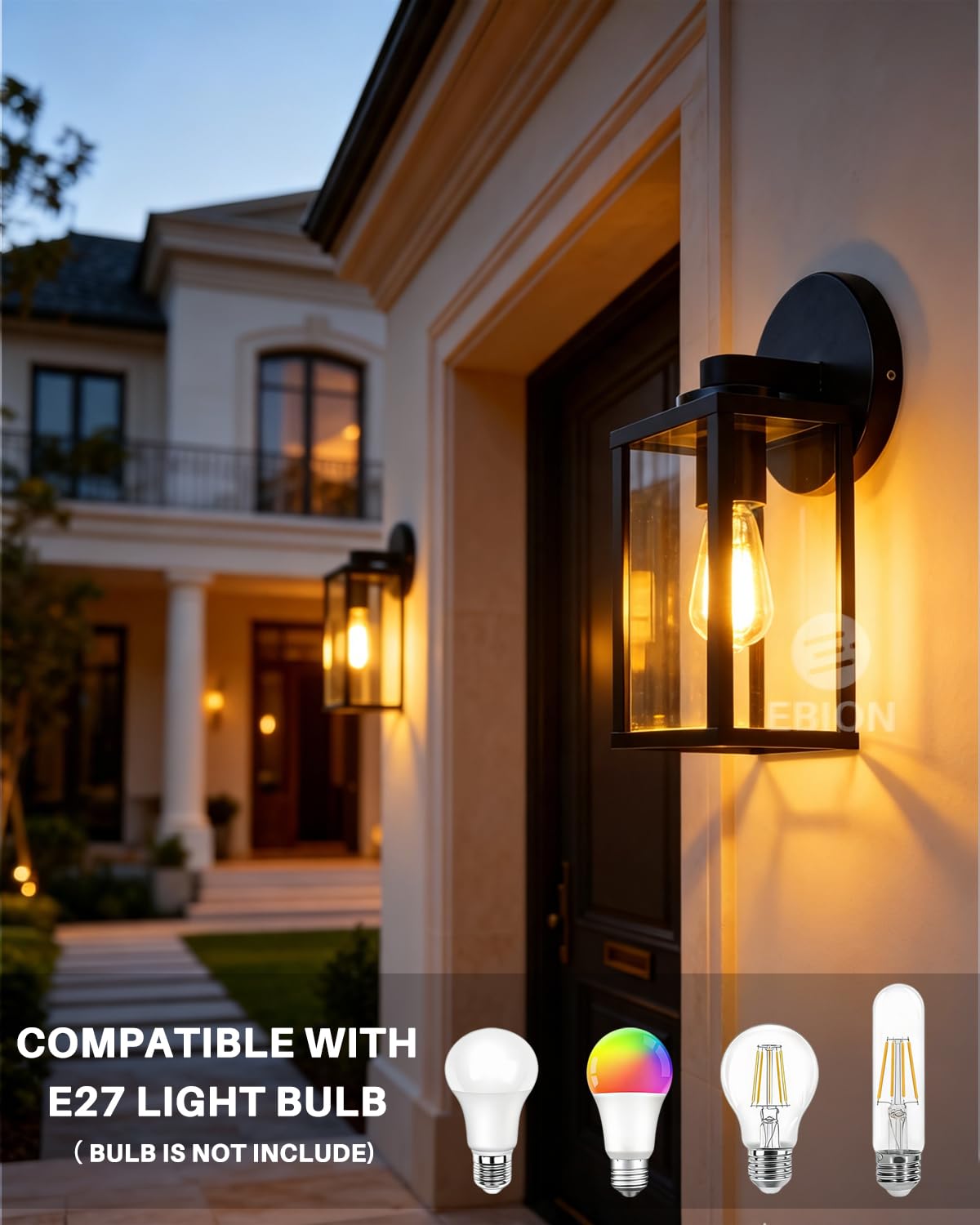 EBION 2 Stück Wandleuchte aussen E27, Wandlampe aus Aluminium + Glas, Modern Terrassenbeleuchtung, Außen Wandleuchte, IP44 Wasserdicht, Schwarz (ohne Leuchtmittel)