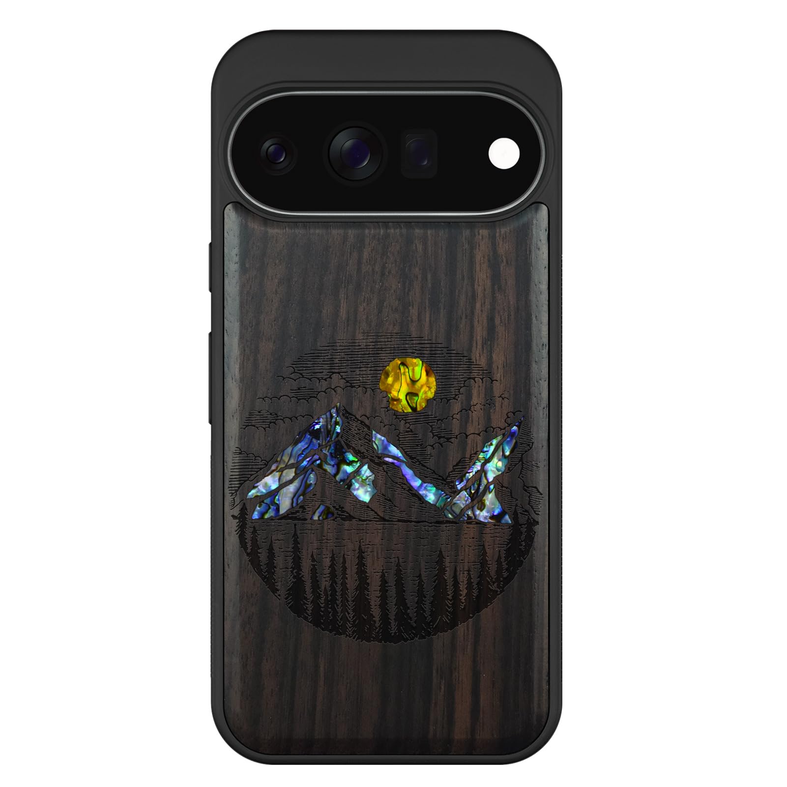 Carveit Madera Funda para Google Pixel 11 (Oscura-Lagos Alpinos) | Compatible con MagSafe [Grabado en madera e incrustación de mejillones] Magnética Cover para Pixel 11 Carcasa