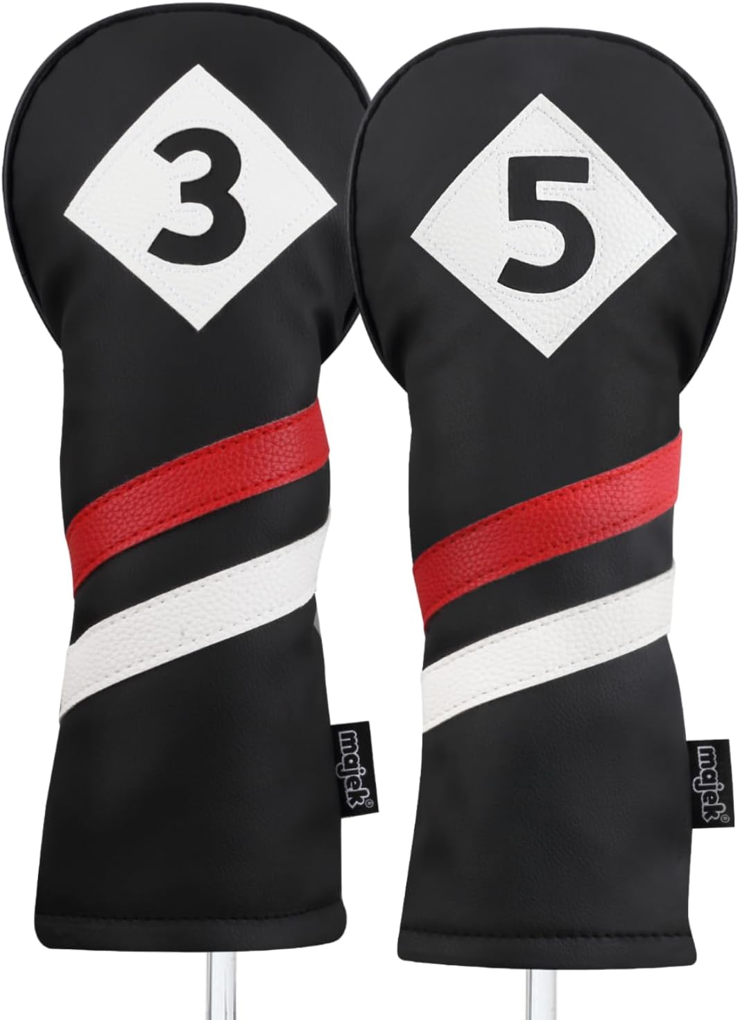 Majek Retro Golf Headcovers Black Red and White Vintage Leather Style 3 & 5 Fairway Wood Head Cover Classic Look