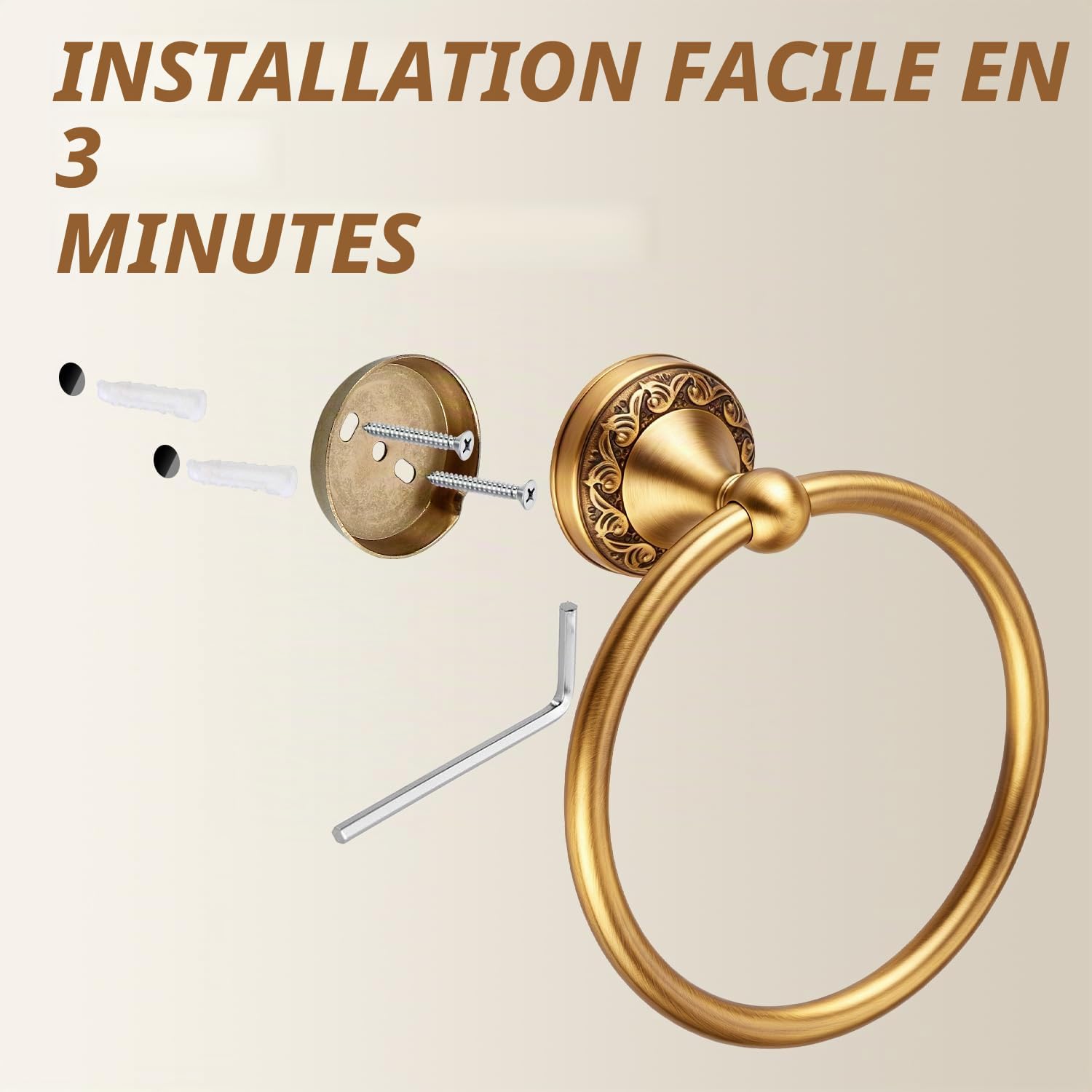 Lot de 3 accessoires de salle de bain en laiton antique, porte-papier toilette, anneau porte-serviette et crochet double pour vêtements et peignoirs, fixation murale rétro robuste vintage pour salle
