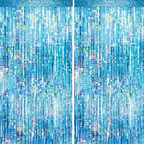 Image of 4 Packs Blue Foil Fringe Curtain, Light Blue Glitter Metallic Tinsel Backdrop for Birthday, Wedding, Baby Shower, Bachelorette, Ocean, Princess Party Decorations Supplies