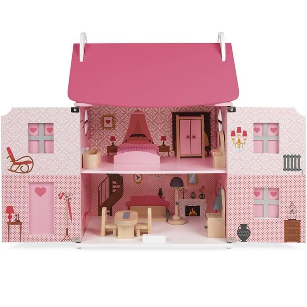 Janod - Maison de Poupée en Bois Mademoiselle - 3 Etages et 11 Accessoires Inclus - Jouet d'Imitation - Développer l'Imagination - Dès 3 Ans , J06581, Rose